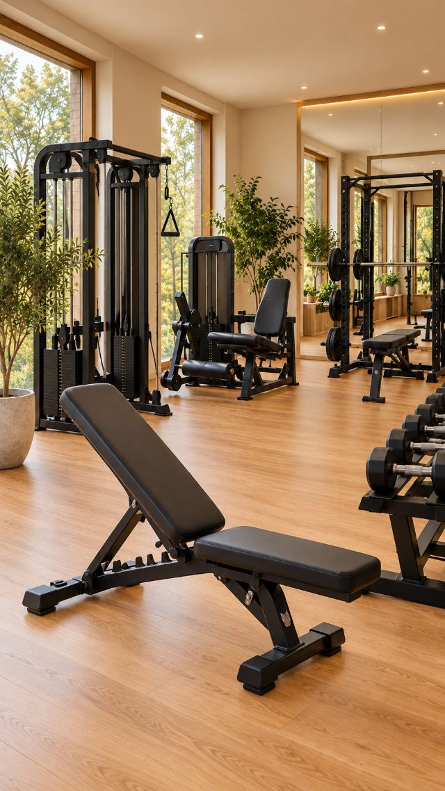 Lyst fitnessrum med træningsbænk og styrkemaskiner
